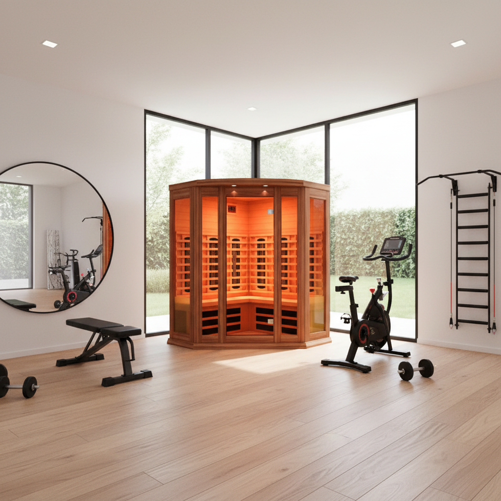 Maxxus 3 Person Corner Full Spectrum Infrared Sauna with Near Zero EMF, Canadian Red Cedar, Bluetooth, and Chromotherapy Lighting