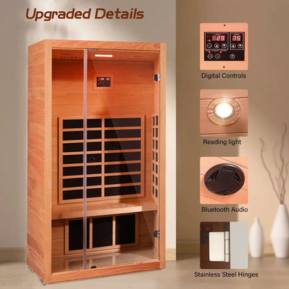 Vanity Art 1 Person FAR Infrared Sauna for Home with Hemlock Wood, Low EMF Carbon Heaters, Bluetooth, LED Light, and Digital Control Panel