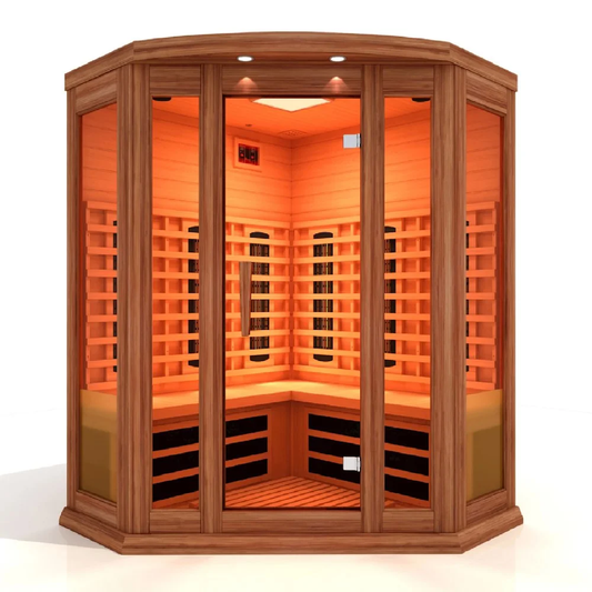 Maxxus 3 Person Corner Full Spectrum Infrared Sauna with Near Zero EMF, Canadian Red Cedar, Bluetooth, and Chromotherapy Lighting
