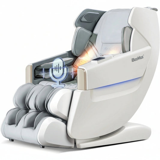 iBooMas 4D Full Body Massage Chair Recliner with Zero Gravity, SL Track, Heating, Bluetooth, AI Voice, App Control, and Leg Extension - White