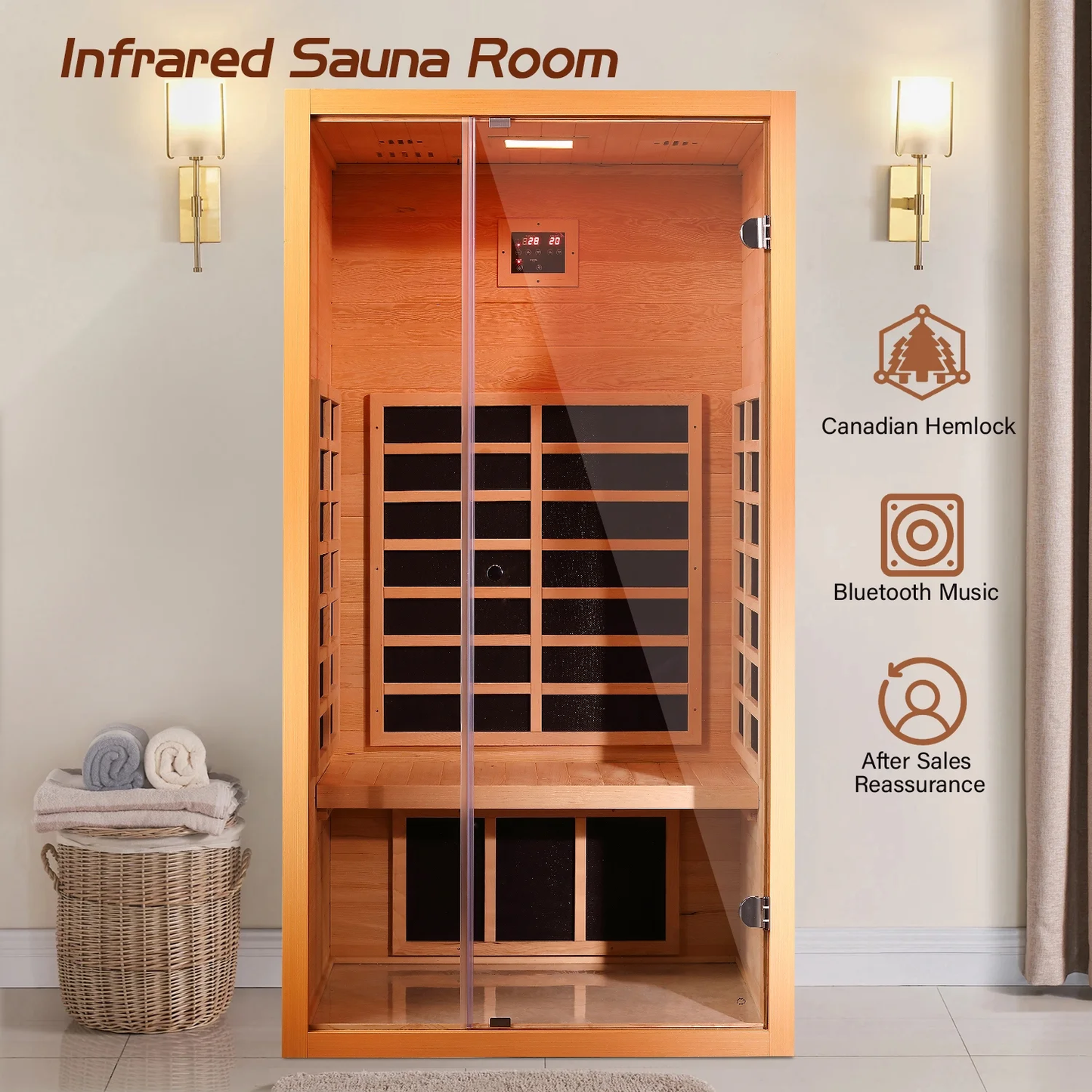 Vanity Art 1 Person FAR Infrared Sauna for Home with Hemlock Wood, Low EMF Carbon Heaters, Bluetooth, LED Light, and Digital Control Panel