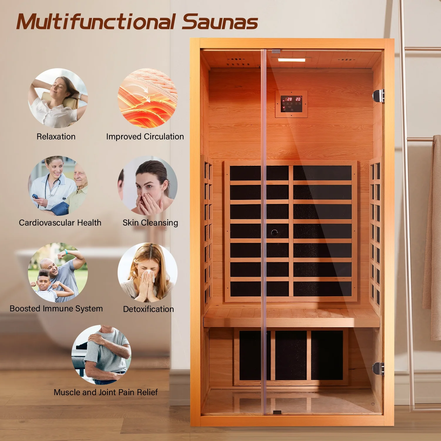 Vanity Art 1 Person FAR Infrared Sauna for Home with Hemlock Wood, Low EMF Carbon Heaters, Bluetooth, LED Light, and Digital Control Panel