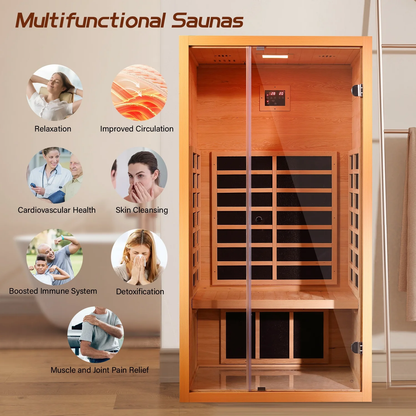 Vanity Art 1 Person FAR Infrared Sauna for Home with Hemlock Wood, Low EMF Carbon Heaters, Bluetooth, LED Light, and Digital Control Panel
