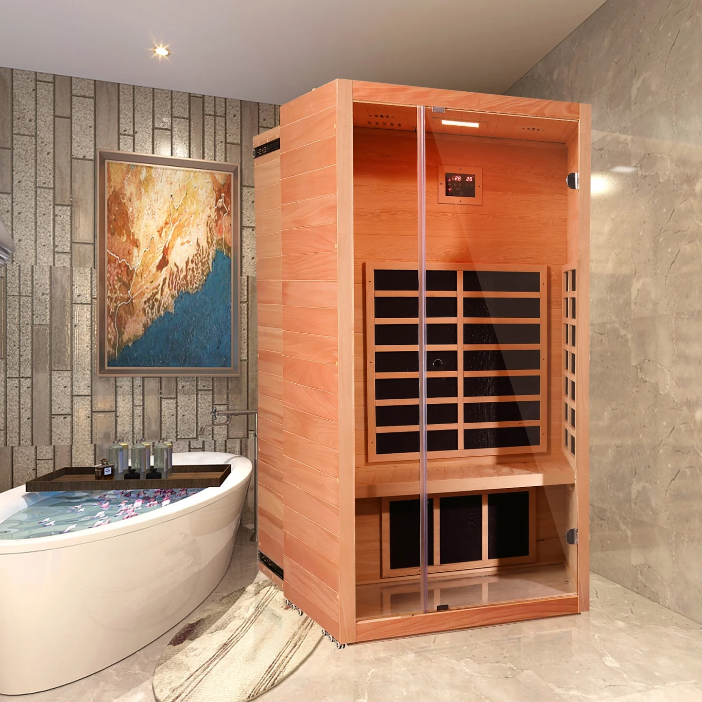 Vanity Art 1 Person FAR Infrared Sauna for Home with Hemlock Wood, Low EMF Carbon Heaters, Bluetooth, LED Light, and Digital Control Panel