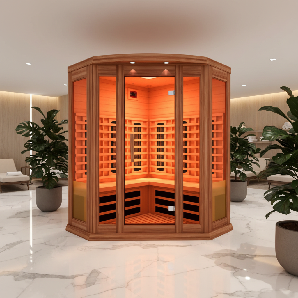 Maxxus 3 Person Corner Full Spectrum Infrared Sauna with Near Zero EMF, Canadian Red Cedar, Bluetooth, and Chromotherapy Lighting