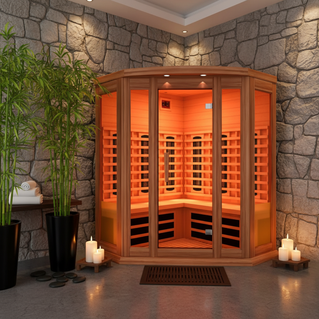 Maxxus 3 Person Corner Full Spectrum Infrared Sauna with Near Zero EMF, Canadian Red Cedar, Bluetooth, and Chromotherapy Lighting